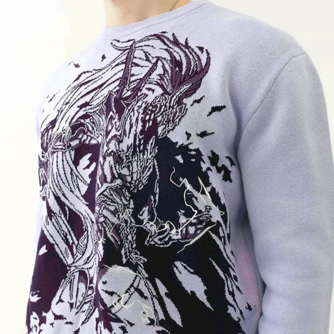 Back To School Sonicelife 2024 Fall Fashion  Men Women High Street Fashion Clothing Y2k Anime Demon Pattern Oversized Pullover Sweater Harajuku Retro O-Neck Sweater Women