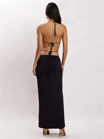 Sonicelife Summer Women Two-Piece Skirt Suits Sexy Backless Halterneck Crop Tops with Bandage Wrapped Long Skirt Party Street Sets