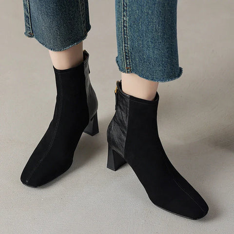 Sonicelife NEW Autumn Women Boots Sheep Suede Leather Shoes for Women Square Toe Chunky Heel Shoes Zipper Modern Boots Weave Handmade Shoes