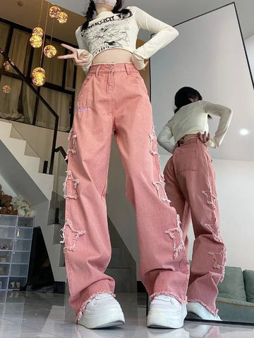 Sonicelife American Retro Star Embroidery Pink Jeans for Women Y2k E-Girl High Waist Denim Pants 2024 Summer New Loose Wide Leg