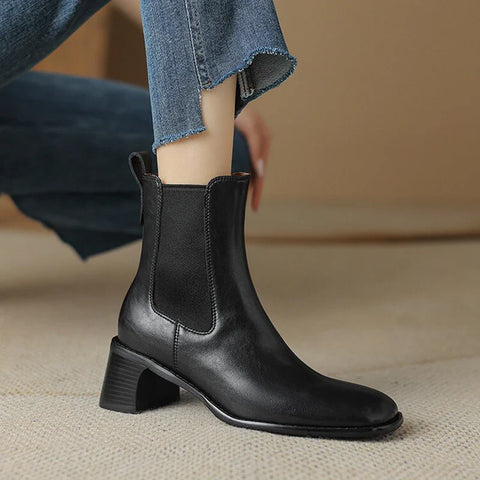 Sonicelife NEW Autumn Women Boots Split Leather Shoes for Women Square Toe Chunky Heel Shoes Red Slip-on Short Boots zapatos para mujeres