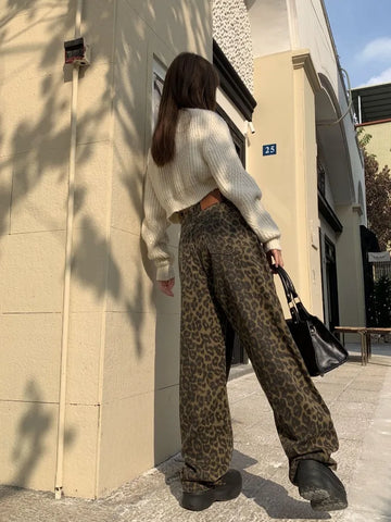 Sonicelife Retro Spring Trendy Leopard Print Jeans Women's American High Street Trousers Y2K Harajuku Style Baggy  Waist Casual Pants