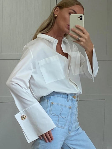 Sonicelife 2024 Summer Autumn Women Elegant Solid White Long Sleeve Shirt Ladies Loose Blouse For Woman