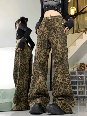 Sonicelife Baggy Leopard Print Y2k Jeans Women 2024 New High Waisted Casual Wide Leg Denim Pants Fashion Streetwear Retro Straight