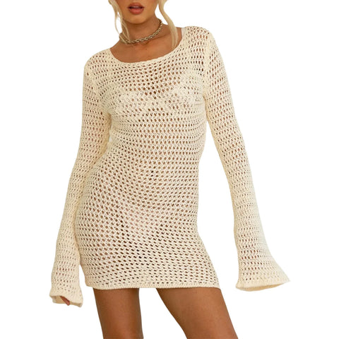 Sonicelife hoco dresses- Women Bikini Cover Ups Crochet Cutout Backless Long Sleeve Hollow Out See0-through Knitted Mini Dress Beach Sundress