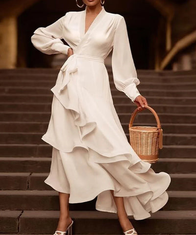 Sonicelife Ruffles Lantern Sleeve Dresses Women Ankle Length Spliced Vestidos Sexy V Neck Pullover Solid Basics Loose Fit 2024 Sashes