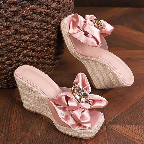 Sonicelife- New Wedges Slippers For Women 2024 Summer Fashion Pink Butterfly-knot Designer Sandals Platform Heels Size 46 Female Shoes