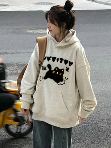 Back To School Sonicelife Kawaii Cat Print Hoodie Cartoon Cutecore Long Sleeve Pullovers for Women Y2k Kitten Graphic Aesthetic Sweatshirt Coats