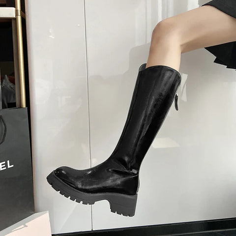 Sonicelife New Autumn Women's Boots Split Leather Shoes for Women Round Toe Chunky Heel Winter Women Boots Thick Heel Knee-High Boots Women