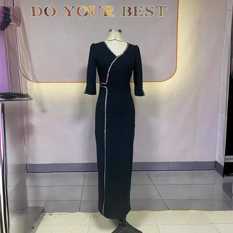 Sonicelife Dress Women Black Party Long Dresses Diamond V Neck Full Sleeve Split Elegant Splice Hot Drilling Vestidos Night 2024 Spring