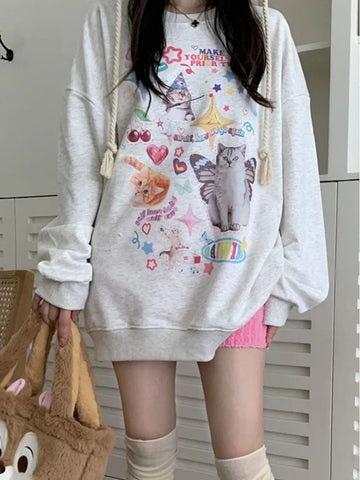 Back To School Sonicelife Kawaii Cat Print Hoodie Women Cutecore Long Sleeve Sweatshirt American Retro E-girl Kitten Angel Graphic Alt Clothes Y2k