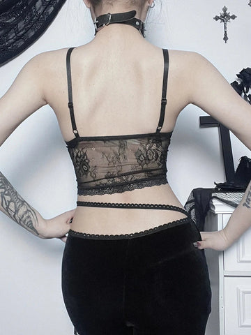 Sonicelife Women's Gothic Directional Design New Dark Lace Lace Velvet Jacquard Camisole Top