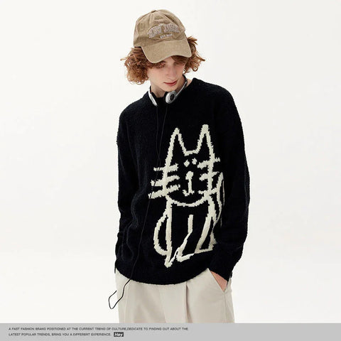 Back To School Sonicelife 2024 Fall Fashion  Sweater Cute Cat Graphic Vintage Knitwear Y2K Sweaters Winter Harajuku Oversized Pullover Sweater Aesthetic Unisex Clothes Teens