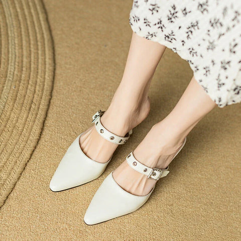 Sonicelife NEW Summer Women Sandals Genuine Leather Shoes for Women Cover Toe Slippers Belt Buckle Mules Ponited Toe Thin Heel Women Shoes