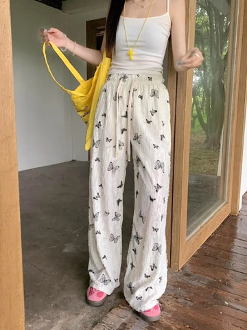 Sonicelife Vintage Butterfly Print Black Wide Leg Pants Y2k Grunge High Waist Straight Trousers 2024 Summer New Loose  for Women