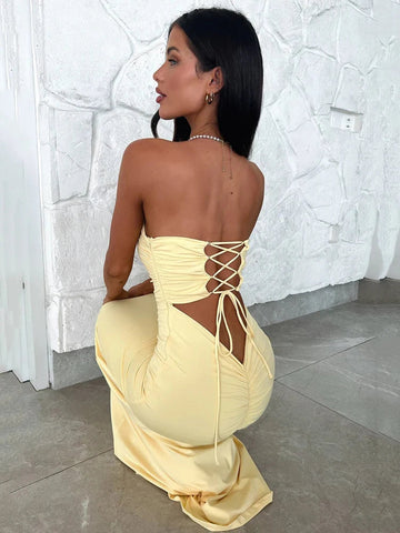 Sonicelife Strapless Backless Lace-up Maxi Dress For Women Summer New Off-shoulder Sleeveless Bodycon Club Party Long Dress