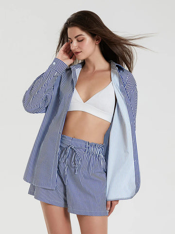 Sonicelife Blue Striped 2Pieces Shirts Shorts Suits for Women Spring Summer Holiday Streetwear Sets Long Sleeve Lapel Button Shirts+Shorts