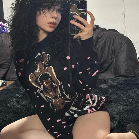 Back To School Sonicelife 2024 Fall Fashion  Hip Hop Knitted Men Women Abstract Comic Couple Pattern Sweater Harajuku Fashion Loose Tops Casual Streetwear Pullover Sweater