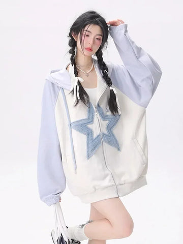 Black Friday Sonicelife Star Pattern Zip Up Hoodies Women Oversized Streetwear Patchwork Sweatshirts Cutecore Fashion Aesthetic Kawaii Clothes