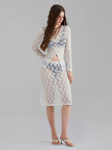 Sonicelife See-Through White Lace Mesh 2Piece Dress Sets Women's Long Sleeve Button Down Tops with Wrap Bodycon Skirt Outfits