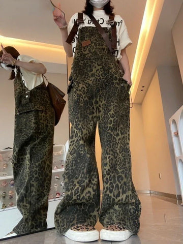 Sonicelife Jumpsuits Retro Leopard Denim Camisole Pants for Women Y2k High Waist Loose Wide Leg  2024 New Straight Trousers