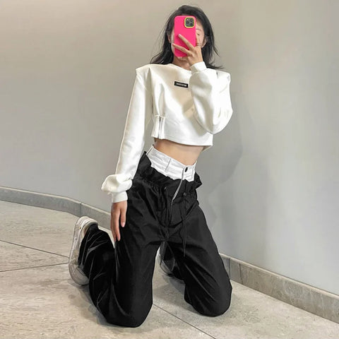 Sonicelife American Vintage Black White Patchwork Pants Sexy Hot Drawstring High Waist Trousers Y2k Streetwear All-match Straight Bottoms