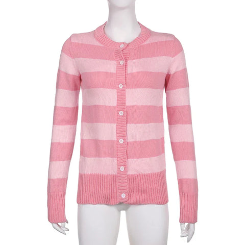 Sonicelife Sweet Cute Pink Striped Long Sleeve Slim Fit Sweaters Preppy Button Up Knitted Cardigans Women Autumn Spring Knitwear Coat Tops