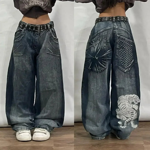 Sonicelife Y2K New Fashion Harajuku Washed Big Pocket Baggy Women Jeans Street Retro Gothic Punk Style Casual High Waist Wide Trousers