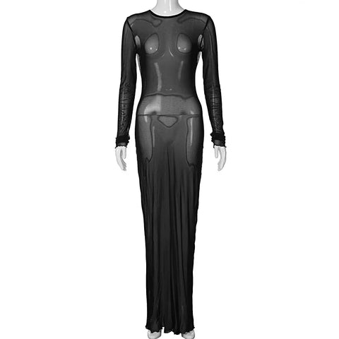 Sonicelife-Sexy Women Hollow Out Bandage Black Mesh Dress 2024 O-neck Long Sleeve Bodycon Lace-up See-through Party Night Club Dresses