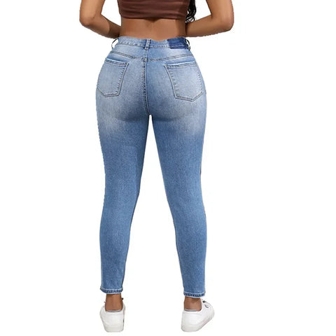 Sonicelife Women Jeans Holes Pencil Pants Washing Denim Pockets Sexy Sheath High Waist Slim Fit Zipper Fly Ankle Length Basics 2024