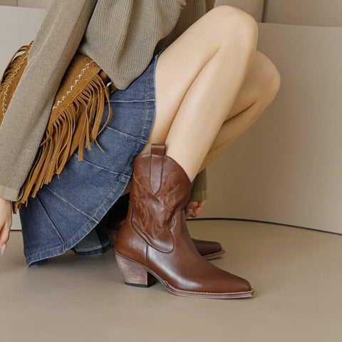 Sonicelife NEW Autumn Women Western Boots Split Leather Shoes for Women Pointed Toe Chunky Heel Boots Winter Female Embroidered Short Boots