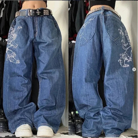 Sonicelife Streetwear New Harajuku Retro Straight High Waist Casual Jeans Y2K Fashion Washed Blue Pocket Baggy Jeans Gothic Wide Pants