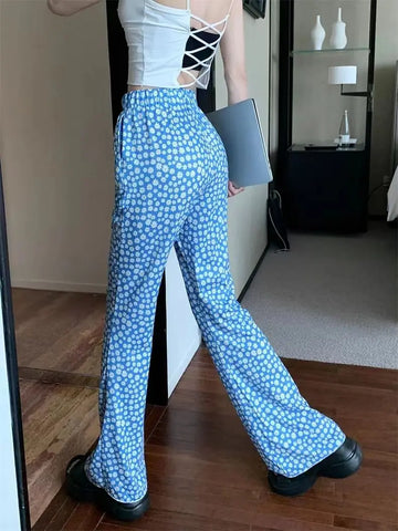 Sonicelife Korean Summer Daisy Floral Print Blue Pants Y2k E-Girl High Waist Thin Flare  2024 New Loose Wide Leg  Women