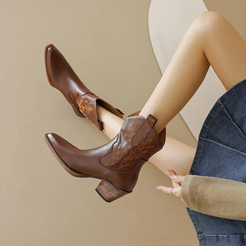 Sonicelife NEW Autumn Women Western Boots Split Leather Shoes for Women Pointed Toe Chunky Heel Boots Winter Female Embroidered Short Boots