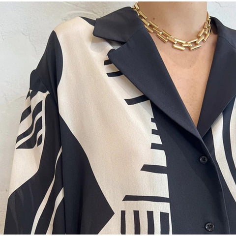 Sonicelife Black and White Long Sleeve Shirt and Wide Leg Trousers Set