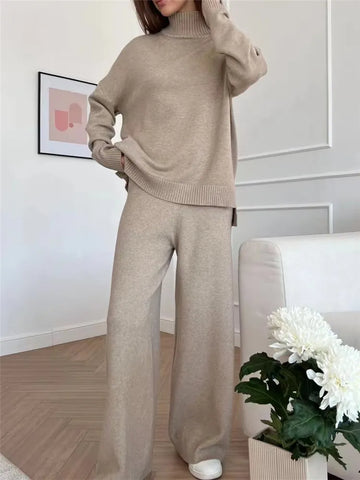 Sonicelife Two Pieces Knitted Tracksuit Turtleneck Sweater and Straight Cut Trousers