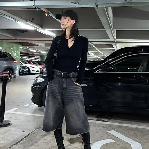 Sonicelife Vintage Washed Black Denim Pants Women 2024 Autumn High Waist Loose Wide Leg  Y2k E-Girl Unisex A-line Calf- Length