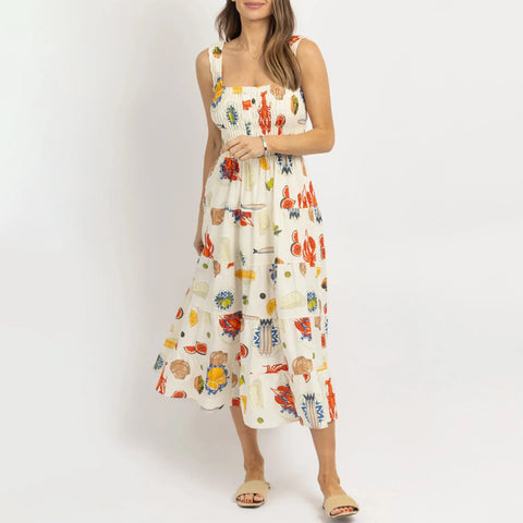 Sonicelife Women Summer Kawaii Fruit Print Maxi Dress Spaghetti Strap Sleeveless Backless Floral Midi Dress Female Vestidos 2024