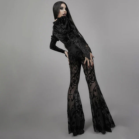 Sonicelife Women's Elegant Design Trousers 2024 Skinny Sheer Cross Totem Flocked Mesh Flared Pants