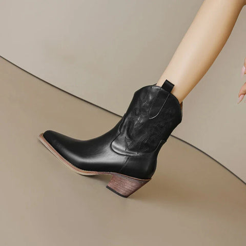 Sonicelife NEW Autumn Women Western Boots Split Leather Shoes for Women Pointed Toe Chunky Heel Boots Winter Female Embroidered Short Boots