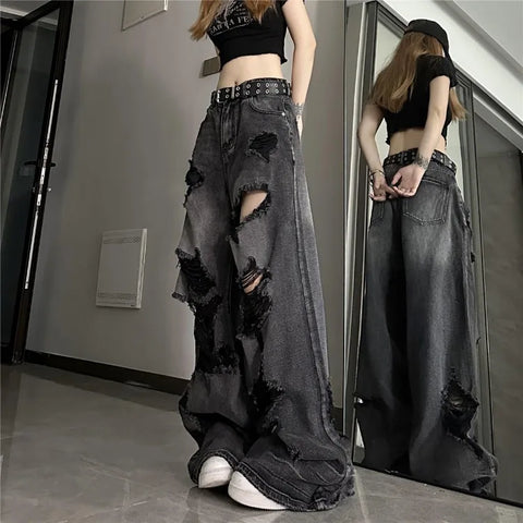 Sonicelife Vintage High Waist Denim Pants Ripped Jeans Women Fashion Loose Wide Leg Straight  Y2k Washed Streetwear Female