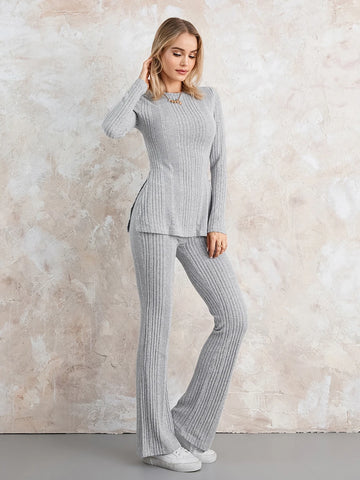 Sonicelife Grey 2 Piece Knit Ribbed Suits Women Autumn Casual Streetwear Sets Long Sleeves O-Neck Sweatshirt and Bootcut Pants