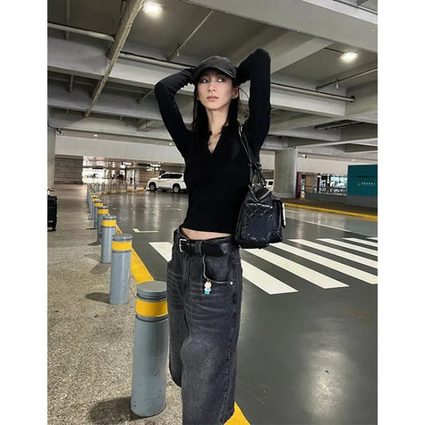 Sonicelife Vintage Washed Black Denim Pants Women 2024 Autumn High Waist Loose Wide Leg  Y2k E-Girl Unisex A-line Calf- Length