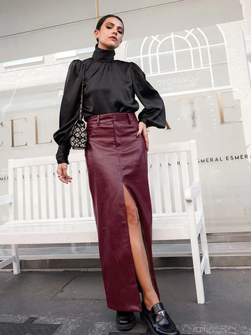 Sonicelife 2024 Autumn Winter Women Sexy Bodycon Maxi Leather Skirts Solid Red High Waist Office Slit Pencil Long Skirt Female