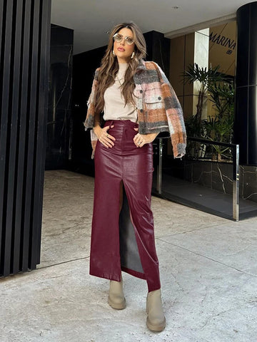 Sonicelife 2024 Autumn Winter Women Sexy Bodycon Maxi Leather Skirts Solid Red High Waist Office Slit Pencil Long Skirt Female