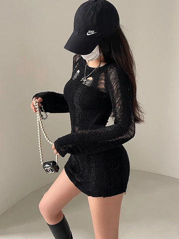 Sonicelife-Women Dark Goth Split Hole Knit Sweaters Black Gothic Lady Hollow Out Cool Pullover Sweater Autumn Sexy See Through Pull Jumpers