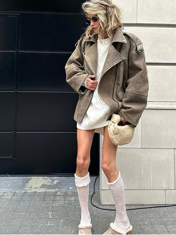 Sonicelife Casual Lapel Zipper Long Sleeve Women's Coats Vintage Loose Commuting Fashion Jackets Autumn Winter Female Office Street Outwear