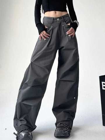 Sonicelife Sweet Cool Black Cargo Pants for Women 2024 Summer New High Waist Rivet Trousers Y2k Grunge Straight Loose Wide Leg