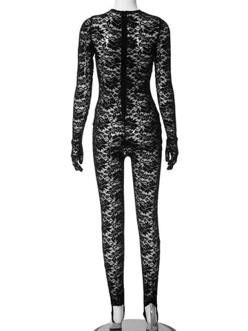 Sonicelife-Women Sexy Hollow Out Long Sleeve Gloves Lace Jumpsuits 2024 Night Club Outfit Female See-through One Piece Party Bodysuit Black