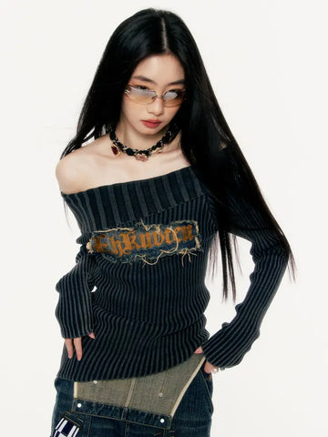 Black Friday Sonicelife Y2k Vintage Striped Off Shoulder Sweater Gray Letter Print Pullover Gothic Style Long Sleeve Punk Grunge Alt Clothes 90s